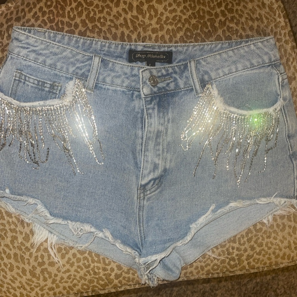 Denim jeweled shorts